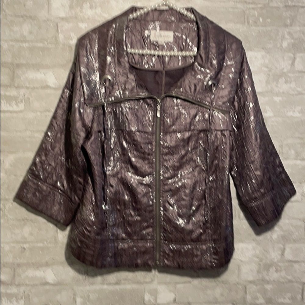 Erin London Pewter Glitz Bomber Jacket Quarter Sleeve, Pockets Size Medium